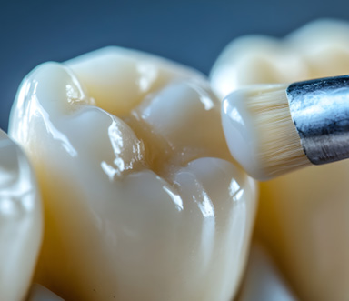 Up-close view of dental sealants being applied to chewing teeth 