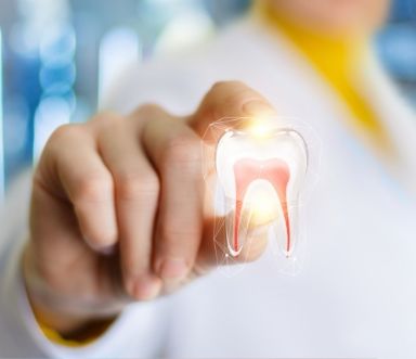 Dentist holding a model tooth after root canal therapy