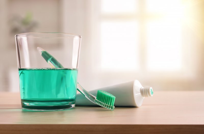 Dental hygiene tools on countertop